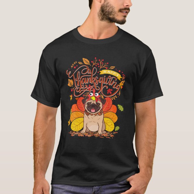 Cute Pug Happy thanksgiving Turkiet Hund Krispy Lö T Shirt (Framsida)