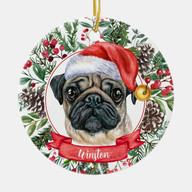 Cute Pug Hund Anpassningsbar Santa Hat jul Ornamen Julgransprydnad Keramik (Framsidan)