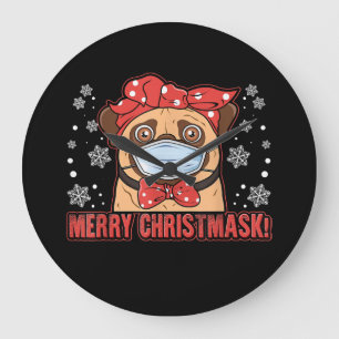 Cute Pug Hund Ansikte Mask God jul Stor Klocka
