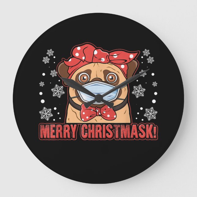 Cute Pug Hund Ansikte Mask God jul Stor Klocka (Framsida)