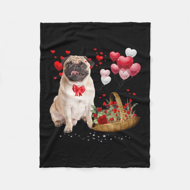 Cute Pug Hund Balloon Heart Valentines day Fleecefilt (Framsidan)