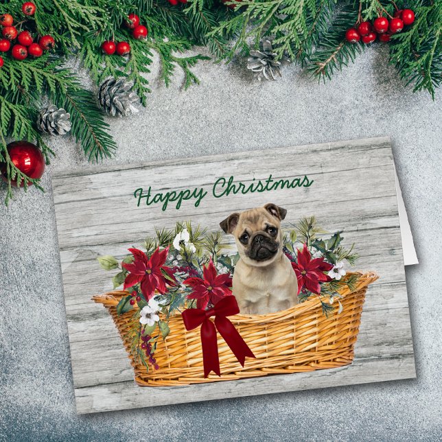 Cute Pug Hund i Basket-julkort Hälsningskort (Skapare uppladdad)