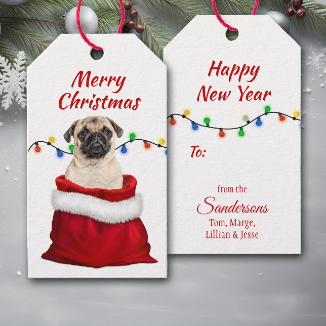 Cute Pug Hund i Santa Bag Presentetikett (Skapare uppladdad)