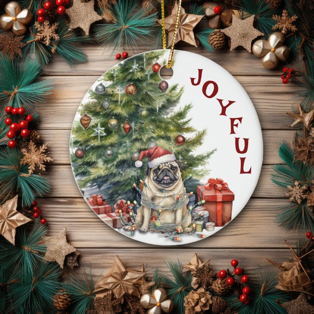 Cute Pug Hund inkapslad i julklapp Ljus Julgransprydnad Keramik (Skapare uppladdad)