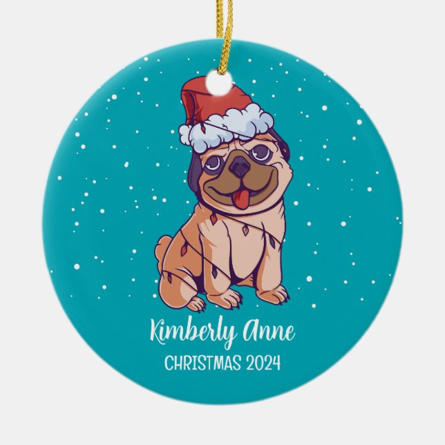 Cute Pug Hund jul Puppy Snowy Winter Helgdag Julgransprydnad Keramik (Framsidan)
