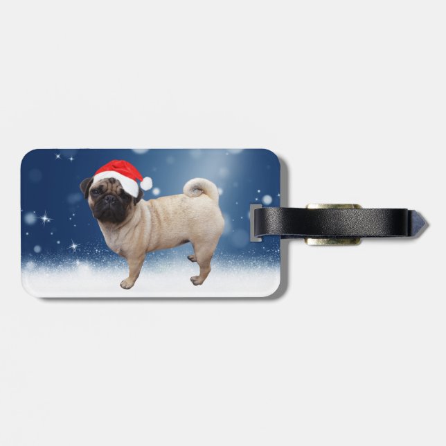 Cute Pug Hund jultomten Hat Snö Stars Bagagebricka (Baksida Vågrät)