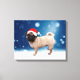 Cute Pug Hund jultomten Hat Snö Stars Canvastryck