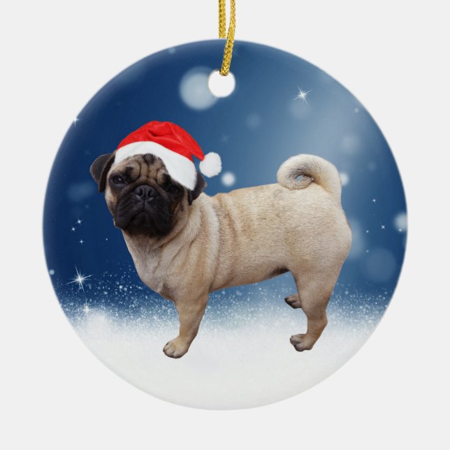 Cute Pug Hund jultomten Hat Snö Stars Julgransprydnad Keramik (Framsidan)