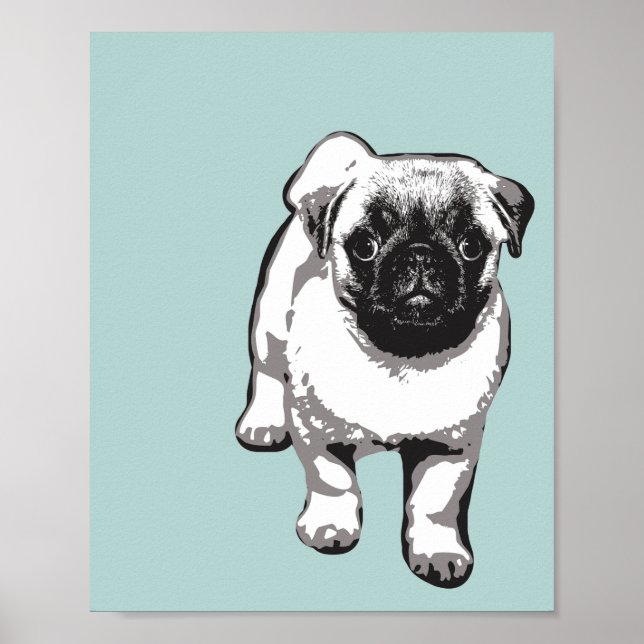 Cute Pug Hund Modern Art Poster Grönt Black & Whit (Framsidan)