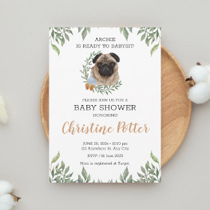 Cute Pug Hund Puppy Greenery Boy Shower Inbjudningar
