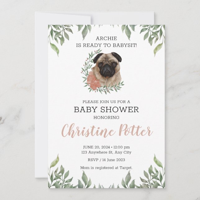 Cute Pug Hund Puppy Greenery Boy Shower Invita Inbjudningar (Framsida)