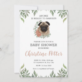 Cute Pug Hund Puppy Greenery Boy Shower Invita Inbjudningar