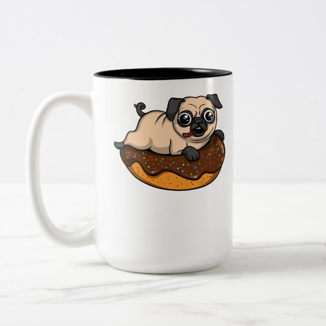 Cute Pug Hund Riding Donut Funny Pet Två-Tonad Mugg (Vänster)