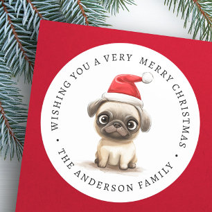 Cute pug in in Santa hat illustration family namn Runt Klistermärke