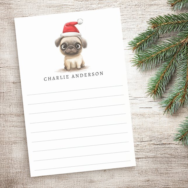 Cute pug in Santa hat name lined Christmas Post-it Block (Cute pug in Santa hat name lined Christmas Post-it Notes)