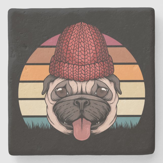 Cute Pug in Winter Hat Retro Design Stenunderlägg (Framsidan)