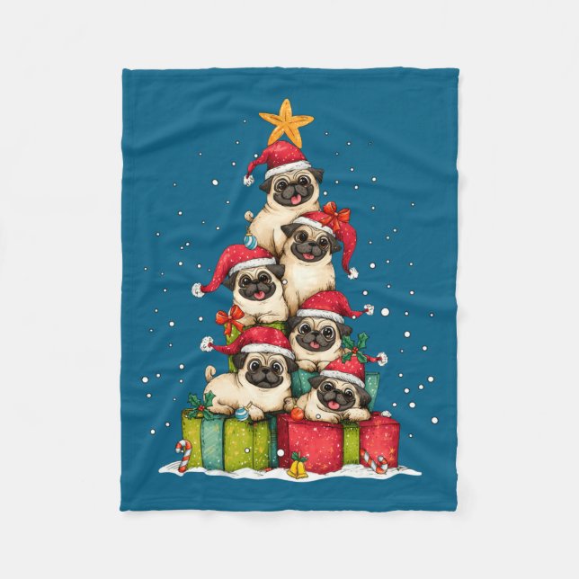 Cute Pug Le Dog Christmas Tree Xmas Hat Long Sleev Fleecefilt (Framsidan)