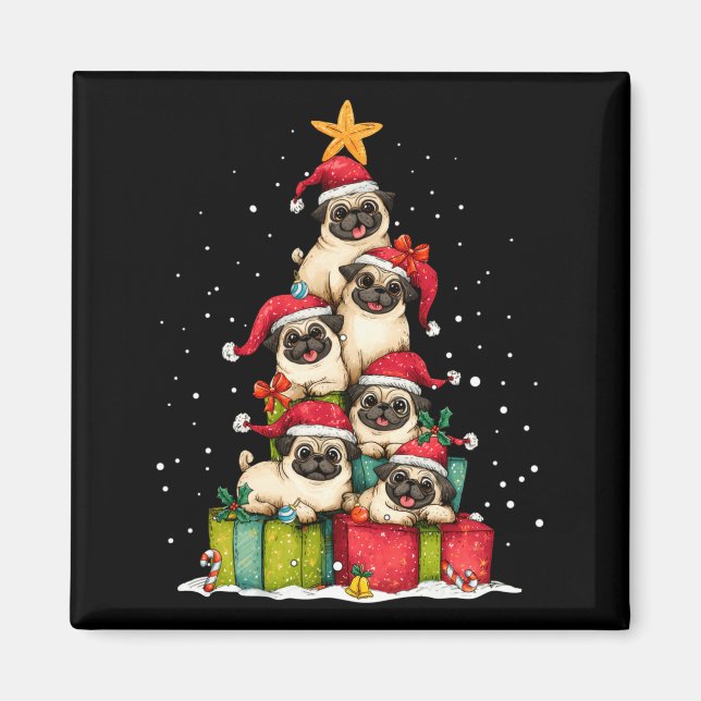 Cute Pug Le Dog Christmas Tree Xmas Hat Long Sleev Magnet (Framsidan)