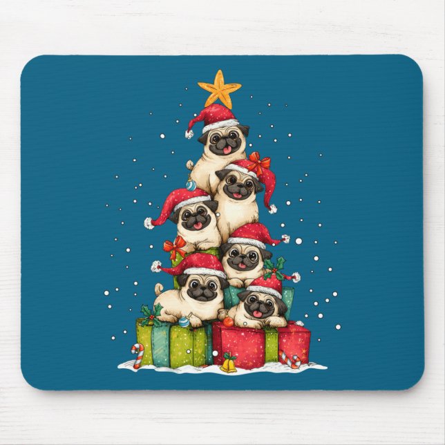 Cute Pug Le Dog Christmas Tree Xmas Hat Long Sleev Musmatta (Framsidan)