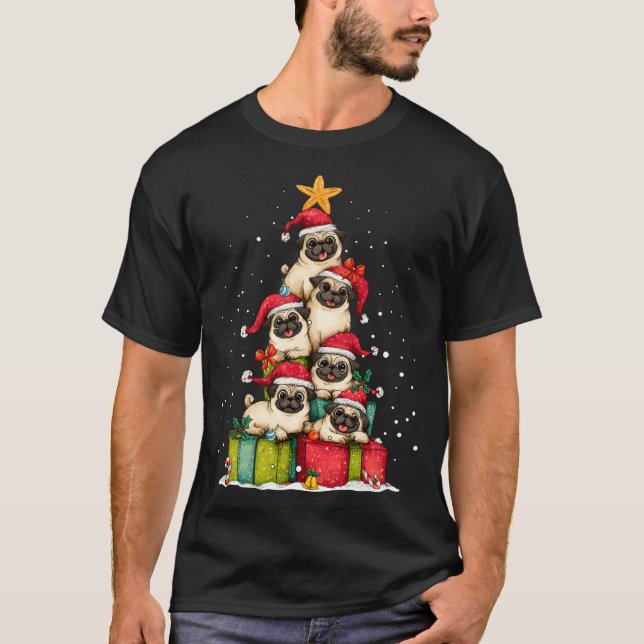 Cute Pug Le Dog Christmas Tree Xmas Hat Long Sleev T Shirt (Framsida)