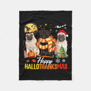 Cute Pug Lycklig Hallothanksmas Halloween Thanksgi Fleecefilt