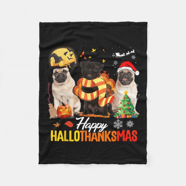 Cute Pug Lycklig Hallothanksmas Halloween Thanksgi Fleecefilt (Framsidan)