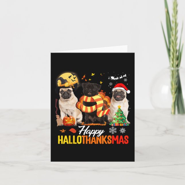 Cute Pug Lycklig Hallothanksmas Halloween Thanksgi Kort (Framsida)