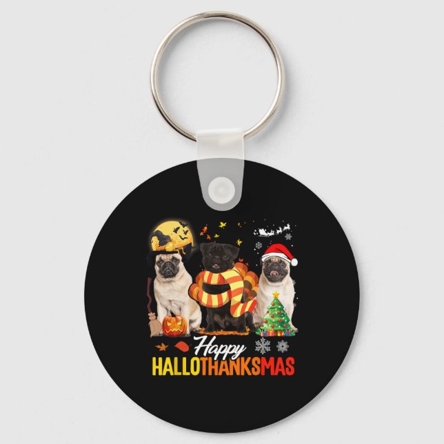 Cute Pug Lycklig Hallothanksmas Halloween Thanksgi Nyckelring (Framsida)