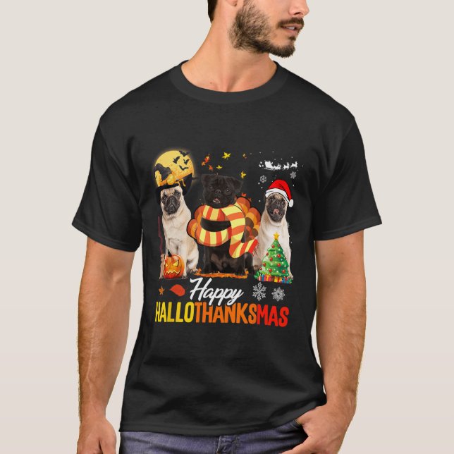 Cute Pug Lycklig Hallothanksmas Halloween Thanksgi T Shirt (Framsida)