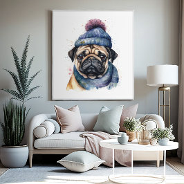 Cute pug med beanie och scarf poster