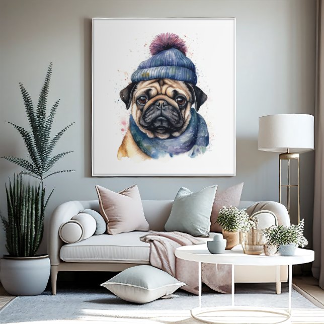 Cute pug med beanie och scarf poster (Skapare uppladdad)