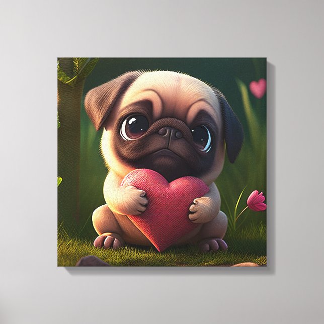 Cute Pug med hjärta Canvastryck (Framsida)