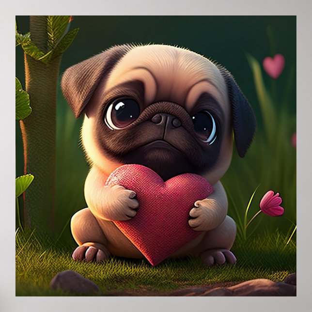 Cute Pug med hjärta Poster (Framsidan)