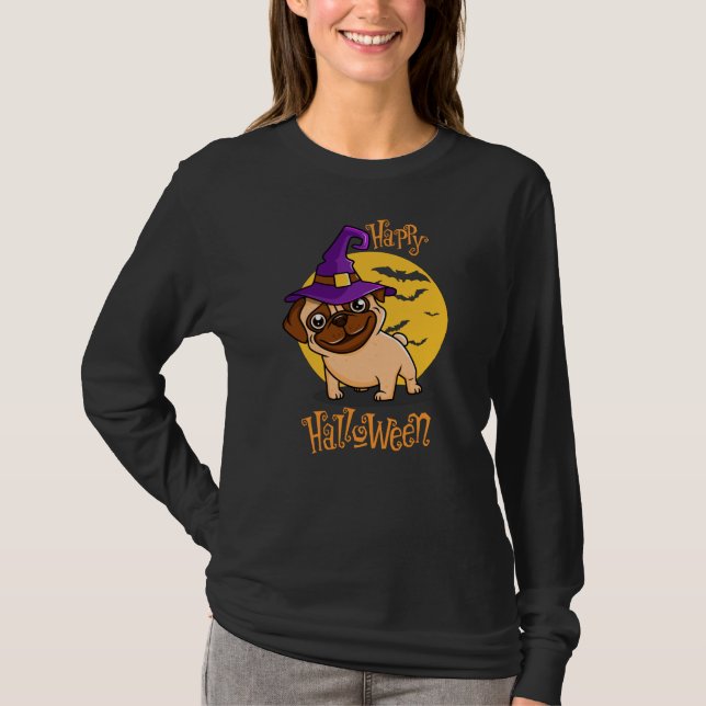 Cute Pug med Lila Witch Halloween T Shirt (Framsida)