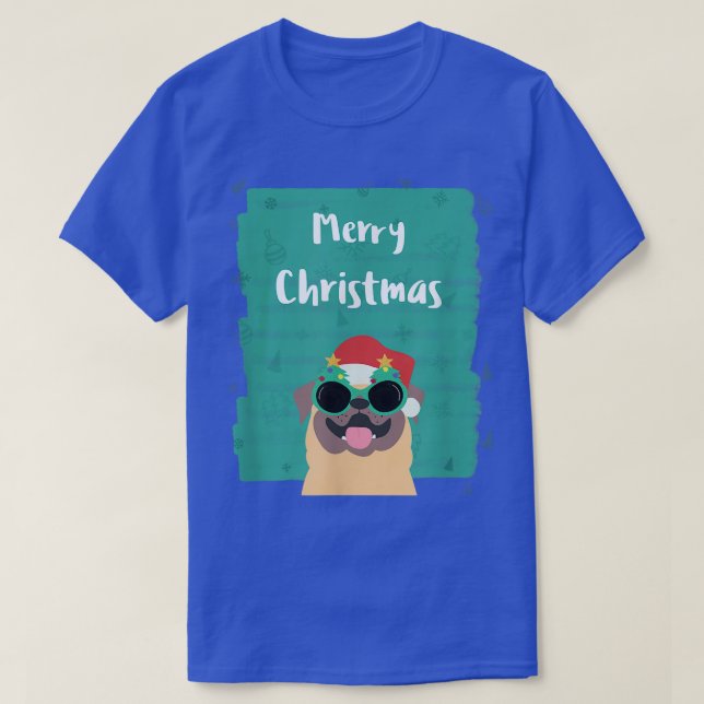 Cute Pug med solglasögon och Santa Hat Merry Ch T Shirt (Design framsida)