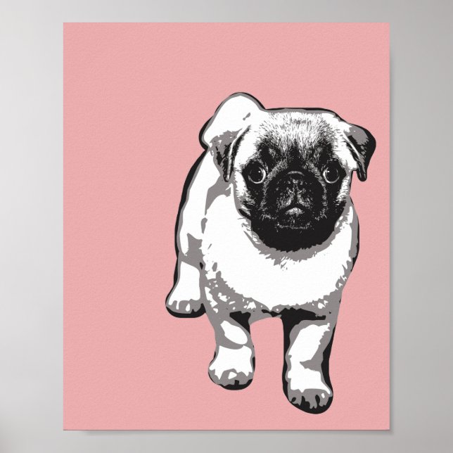 Cute Pug Modern Art Poster Rosa Black & White (Framsidan)