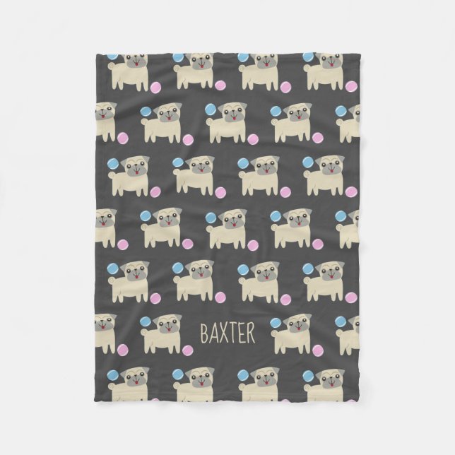 Cute Pug och Bollar Mönster Personlig Hund Fleecefilt (Framsidan)