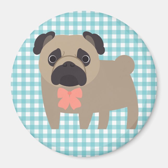 Cute Pug on Blue and White Gingham Design Magnet (Framsidan)