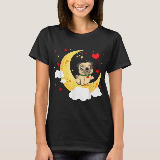 Cute Pug på hjärtans dag i Måne T Shirt (Framsida)