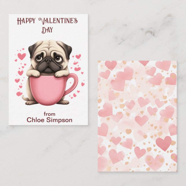 Cute Pug Puppy Barn Valentine Classroom Party Anteckningskort (Fram/baksida)