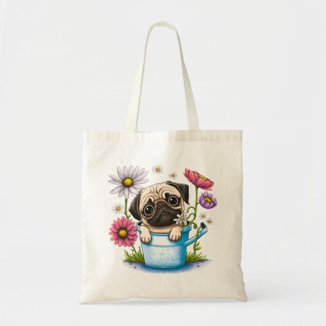 Cute Pug Puppy Daisy Hund Blommigt Tecknad Pugs Tygkasse (Framsidan)