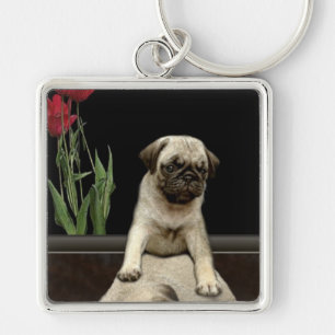 Cute Pug Puppy Hund-älskare Gift-serien Fyrkantig Silverfärgad Nyckelring