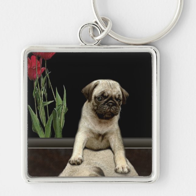Cute Pug Puppy Hund-älskare Gift-serien Fyrkantig Silverfärgad Nyckelring (Framsidan)