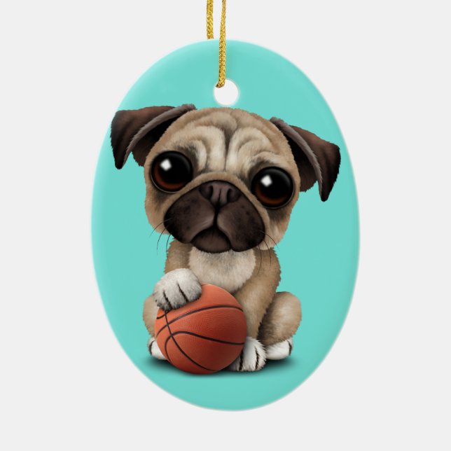 Cute Pug Puppy-Hund med basket Julgransprydnad Keramik (Baksidan)
