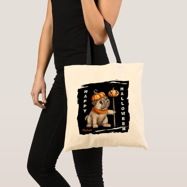Cute Pug Puppy Kids Halloween Bus eller godis Tygkasse (Framsida (produkt))