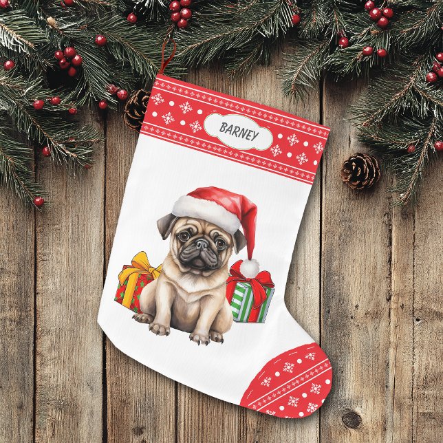 Cute Pug Puppy Santa Hat Snowflake Stor Julstrumpa (Skapare uppladdad)