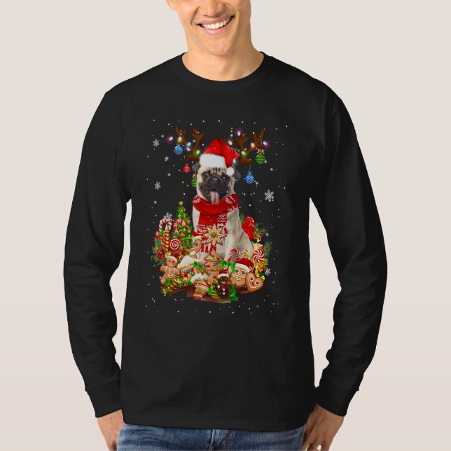 Cute Pug Reindeer jul Lighting Santa Julafton Pu T Shirt (Framsida)