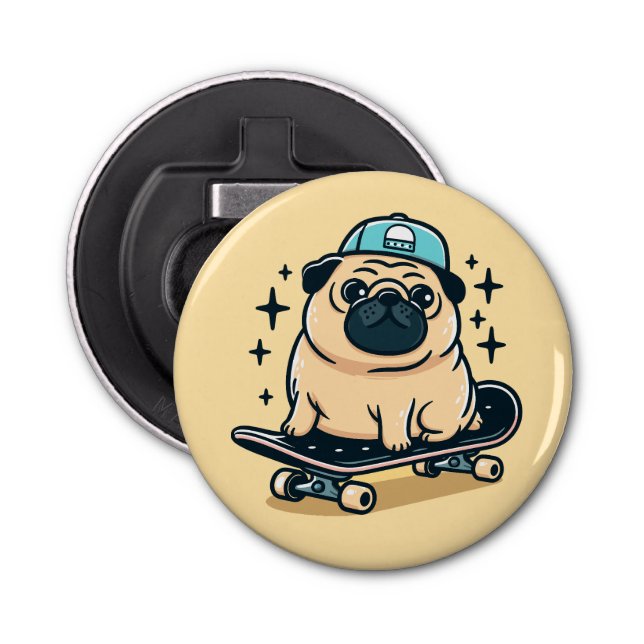 Cute Pug Skate-Boarding Flasköppnare (Framsidan)
