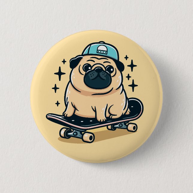 Cute Pug Skate-Boarding Knapp (Framsida)