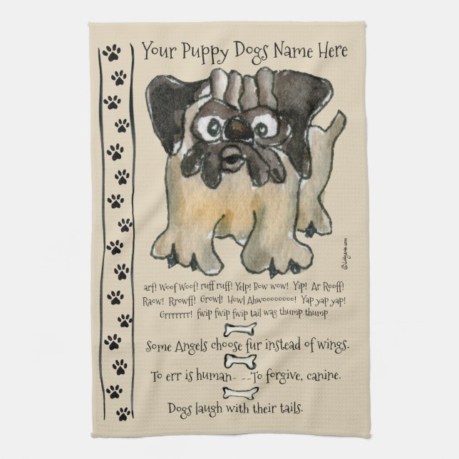 Cute Pug Tecknad hund citerar Kitchen Towel Kökshandduk (Vertikal)